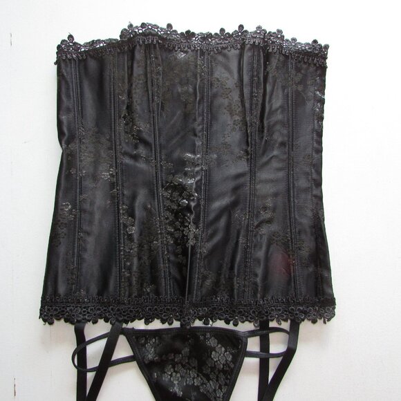 Black Satin Jaquard Lace Corset Set - NEW - Picture 3 of 8